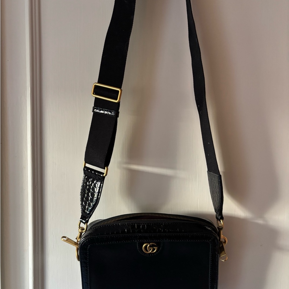 Black Crossbody Bag with Gold Accents and crocodile stamped leather